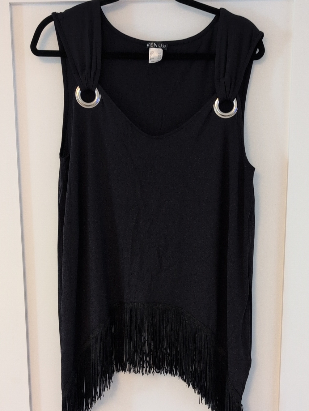 VENUS Black Tank Top with Silver Grommet Accents and Fringe Hem